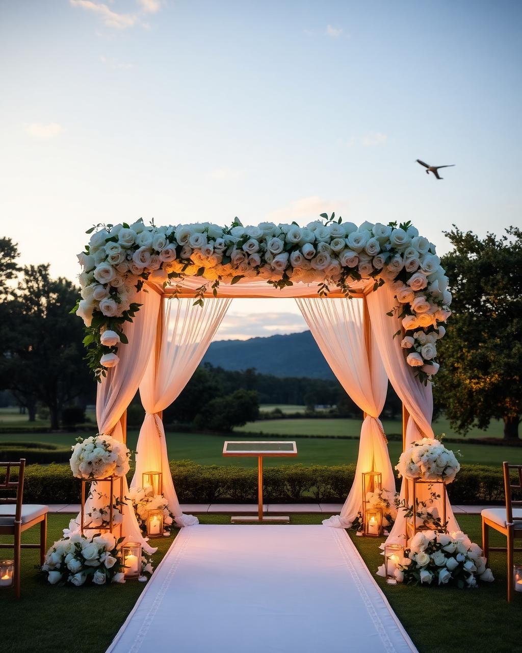 Cerimônia de casamento ao ar livre com arco de rosas brancas
