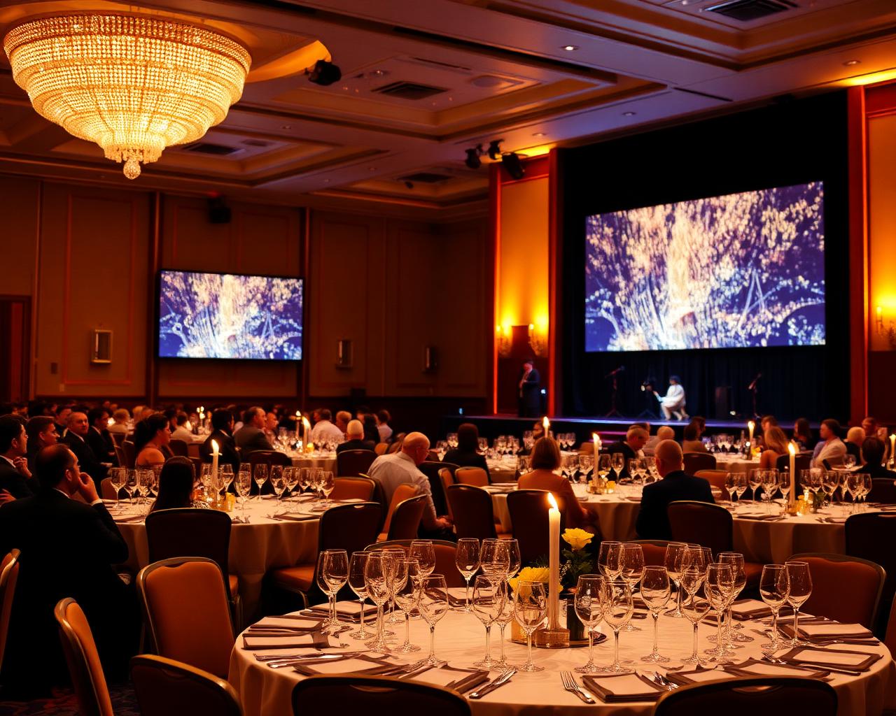 Evento corporativo de gala com iluminação dourada