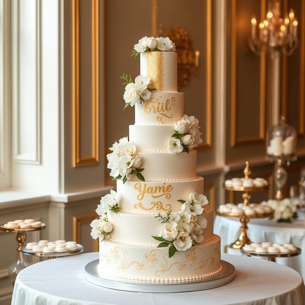 Bolo de casamento em camadas com detalhes em ouro