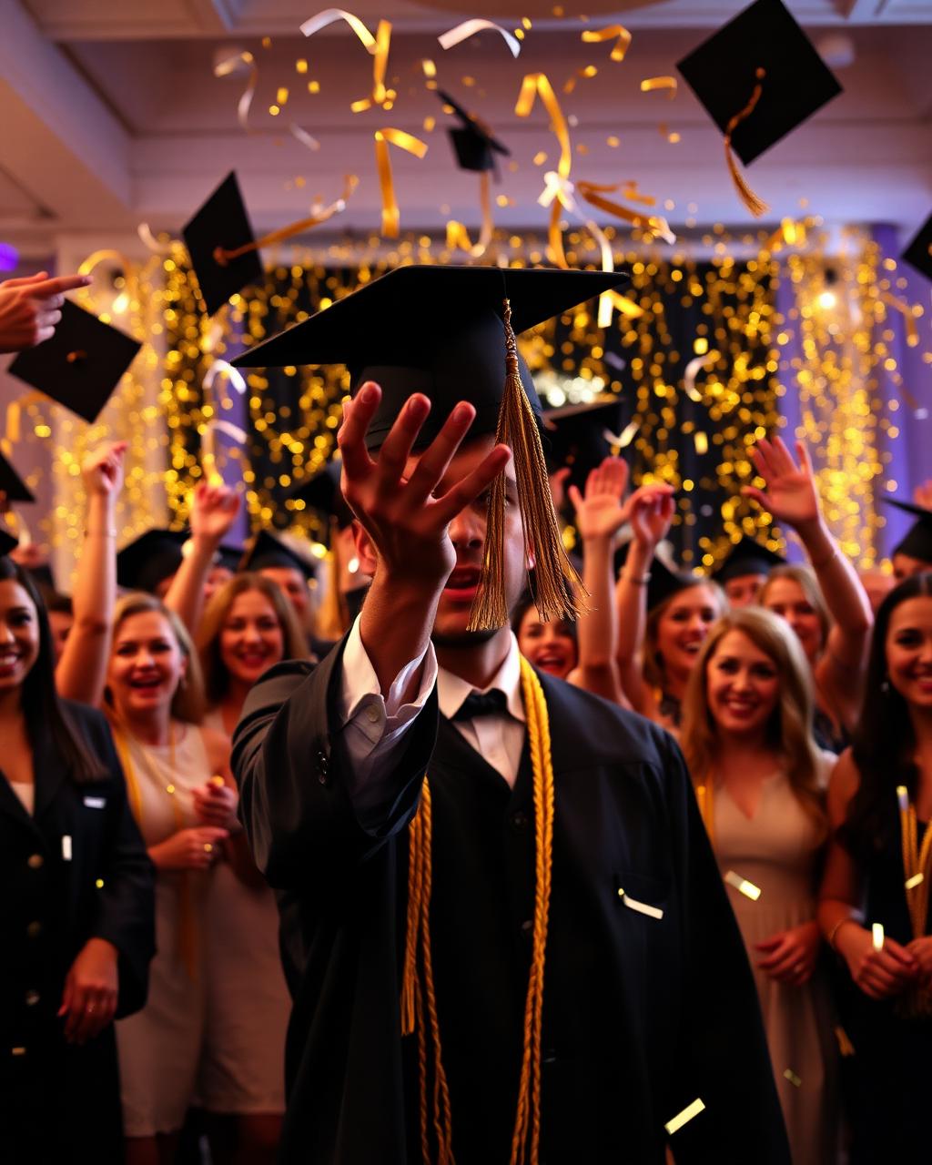 Celebração de formatura com confetes dourados