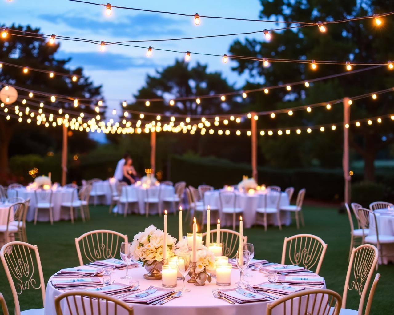 Recepção ao ar livre com luzes pendentes ao entardecer
